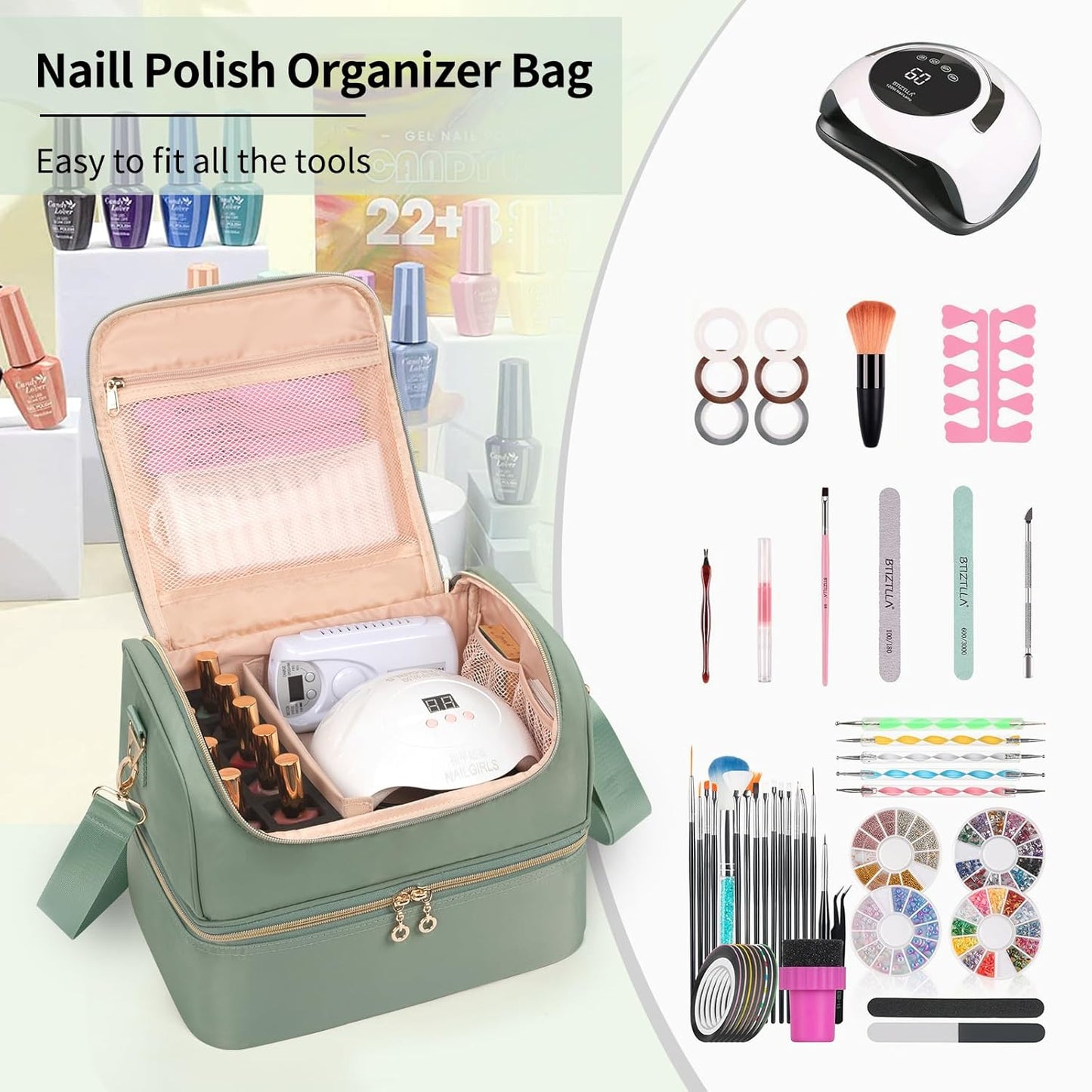 Nail Polish Organizer Case, Holds 45 Bottles Nail Polish & Nail Lamp