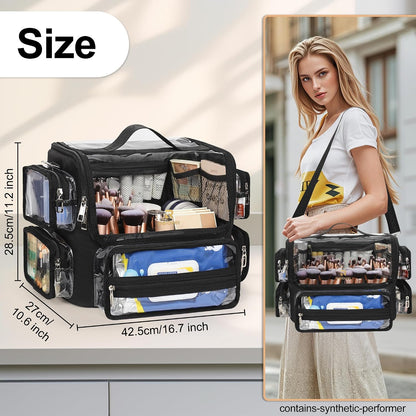 Relavel New Extra Large Clear Makeup Brush Bag with Side Pockets and Dividers