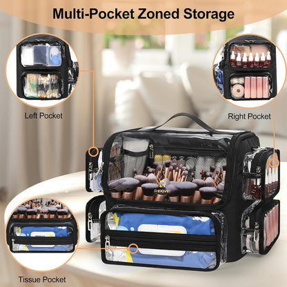 Relavel New Extra Large Clear Makeup Brush Bag with Side Pockets and Dividers