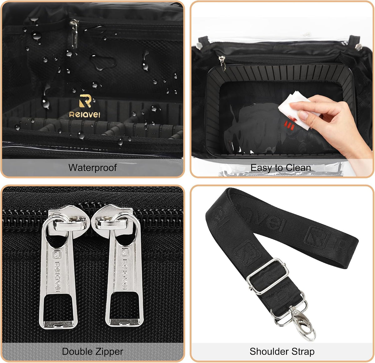 Relavel New Extra Large Clear Makeup Brush Bag with Side Pockets and Dividers