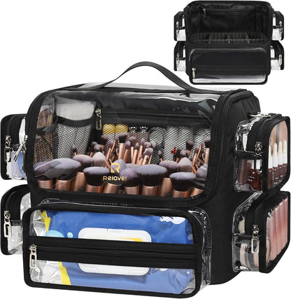 Relavel New Extra Large Clear Makeup Brush Bag with Side Pockets and Dividers