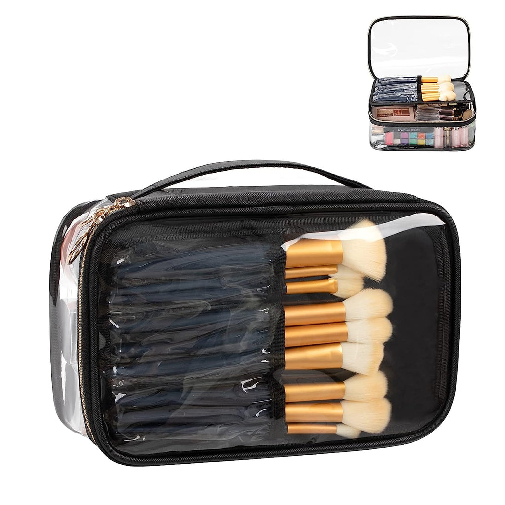 Relavel Clear Makeup Bag, Portable Makeup Storage Organizer Cosmetic Bag, Travel Makeup Bag Cute Clear Pouch For Women and Girls Cosmetics Bags with Divider Makeup Brush Compartment-Transparent Large