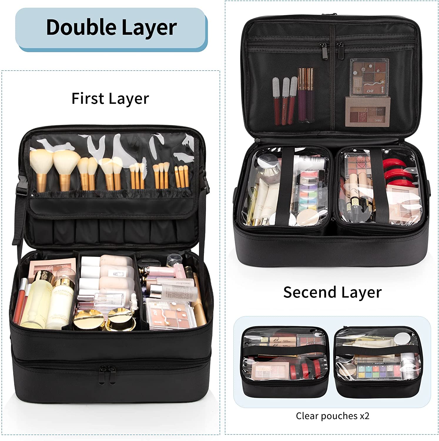 Professional Double Layer Large Travel Makeup Case Relavel