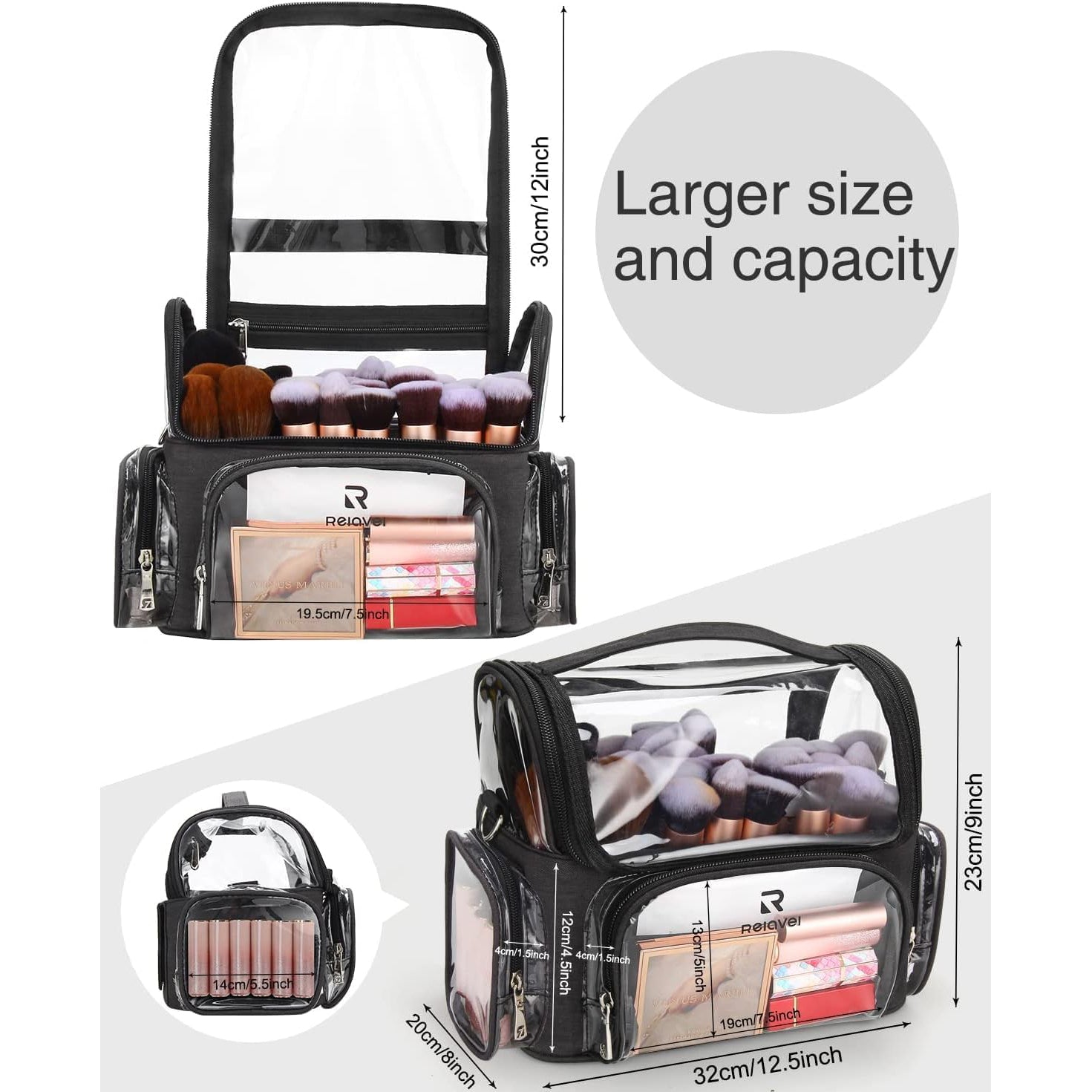 Professional Extra Large 3 Layer Makeup Backpack with 4 Small Cosmetic Bag Black with Clear Brush Case