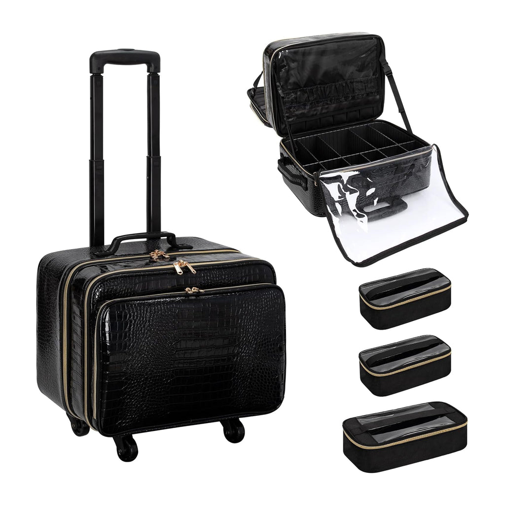 Relavel Rolling Makeup Train Case, 20"Carry On Travel Cosmetic Organizer Suitcase,Extra Large Storage Trolley Makeup Case On Wheels,3 Layers with 3pcs Traveling Bags, for Hairstylist Cosmetology Artist
