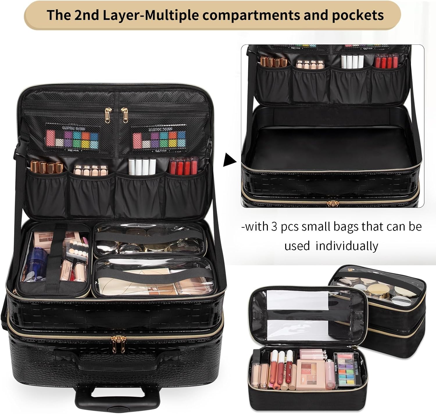 Rolling Extra Large 3 Layers Makeup Train Case with 3pcs Traveling Bag