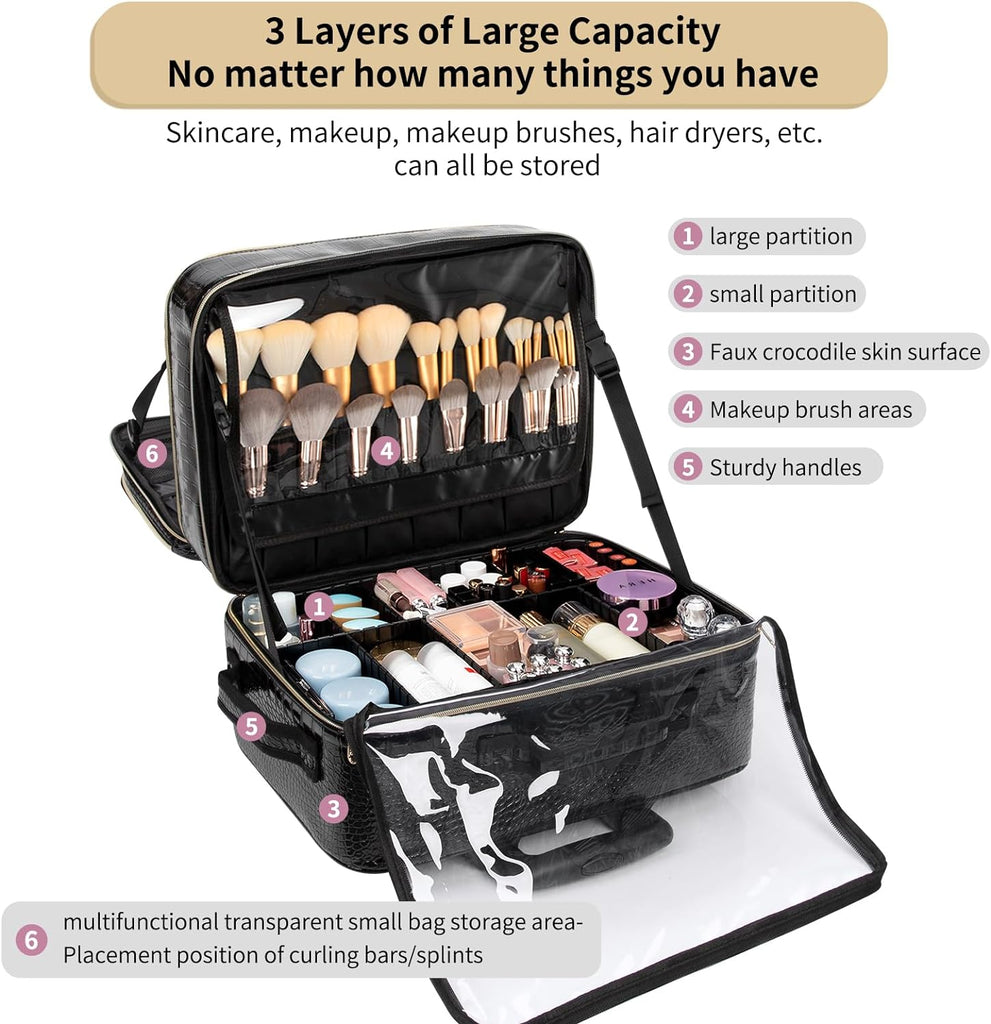 relavel Rolling Extra Large 3 Layers Makeup Train Case with 3pcs Traveling Bags
