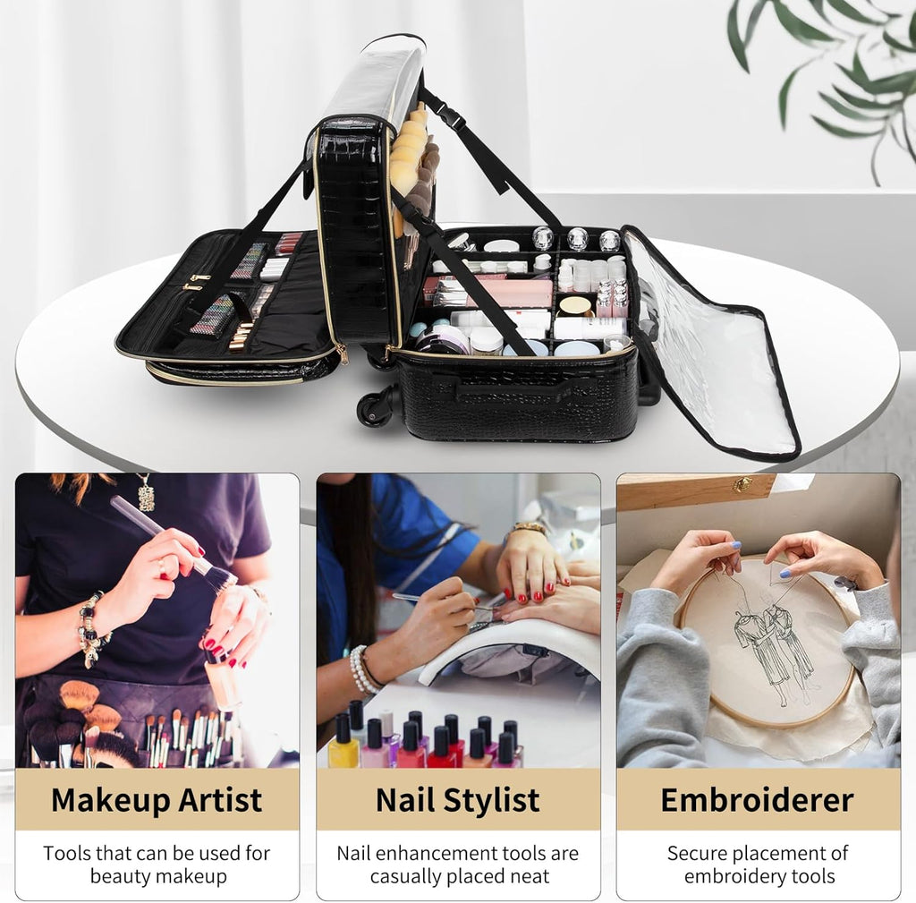 Rolling Extra Large 3 Layers Makeup Train Case with 3pcs Traveling Bags Rolling Extra Large 3 Layers Makeup Train Case with 3pcs Traveling Bags