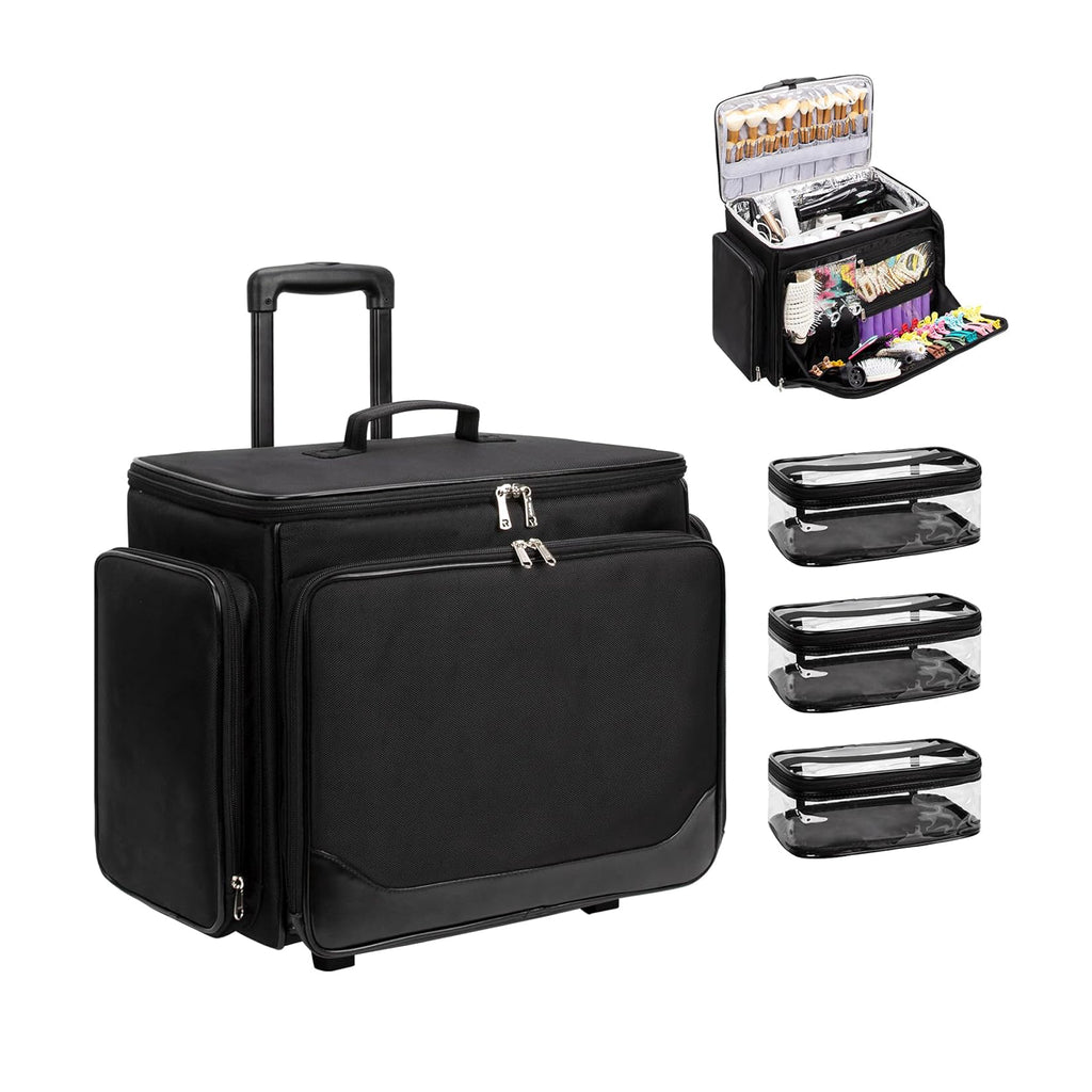 Relavel Rolling Makeup Train Case, Professional Hairstylist Traveling Bag, Extra Large Cosmetology Case on Wheels, Hairdresser Bag with Heat Resistant Lining for Hot Hair Tools Cosmetic Organizer Trolley