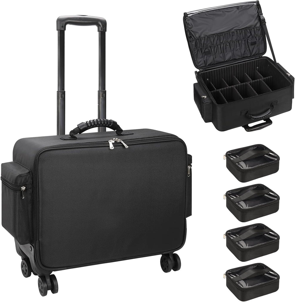 Relavel Rolling Makeup Train Case, Professional Trolley Makeup Case with Adjustable Divider, Large Capacity Multi-functional Cosmetic Organizer for Makeupartist - Black