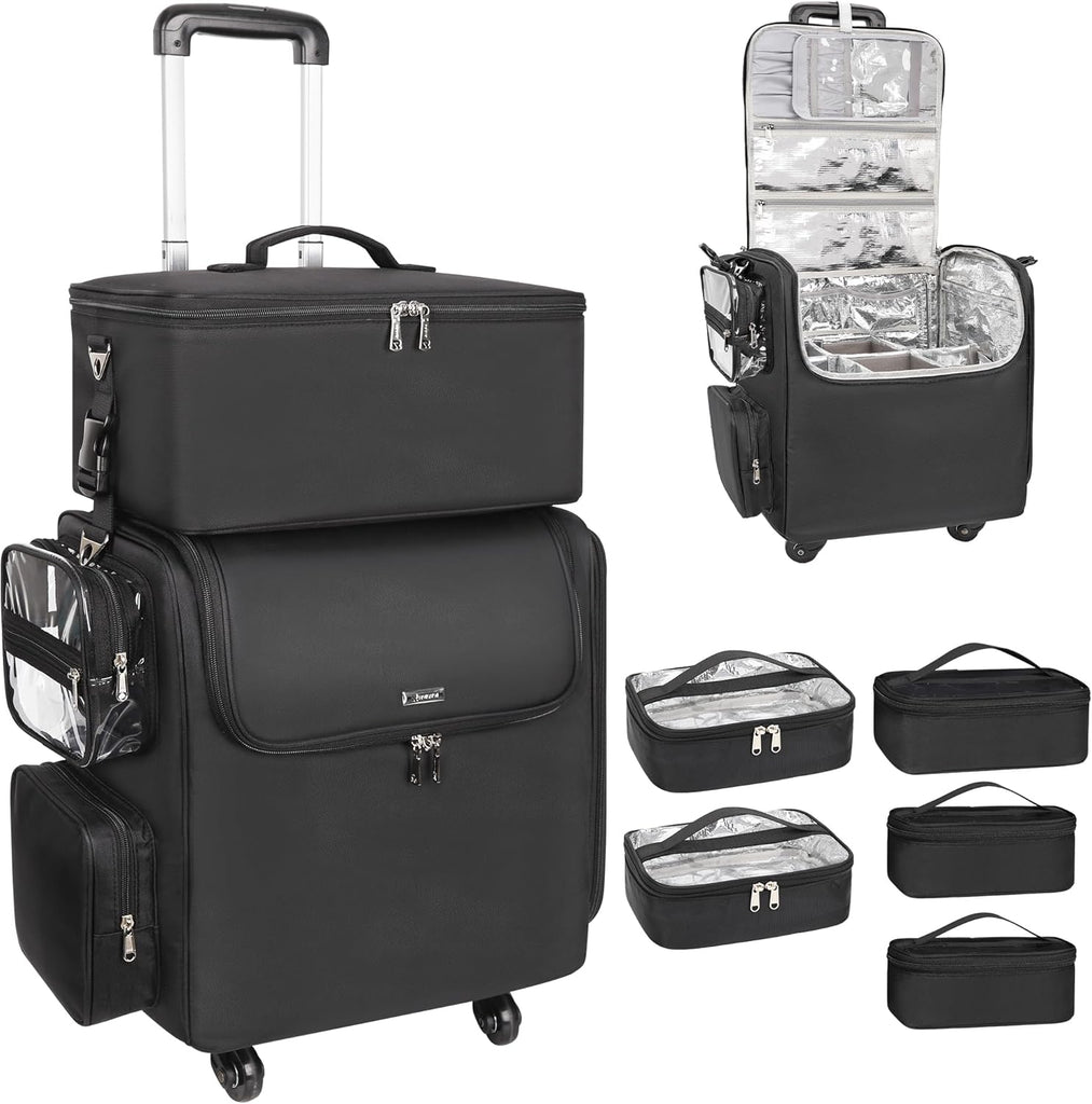 Rolling Hairstylist Makeup Train Case with 4 Wheels and Large Makeup Case