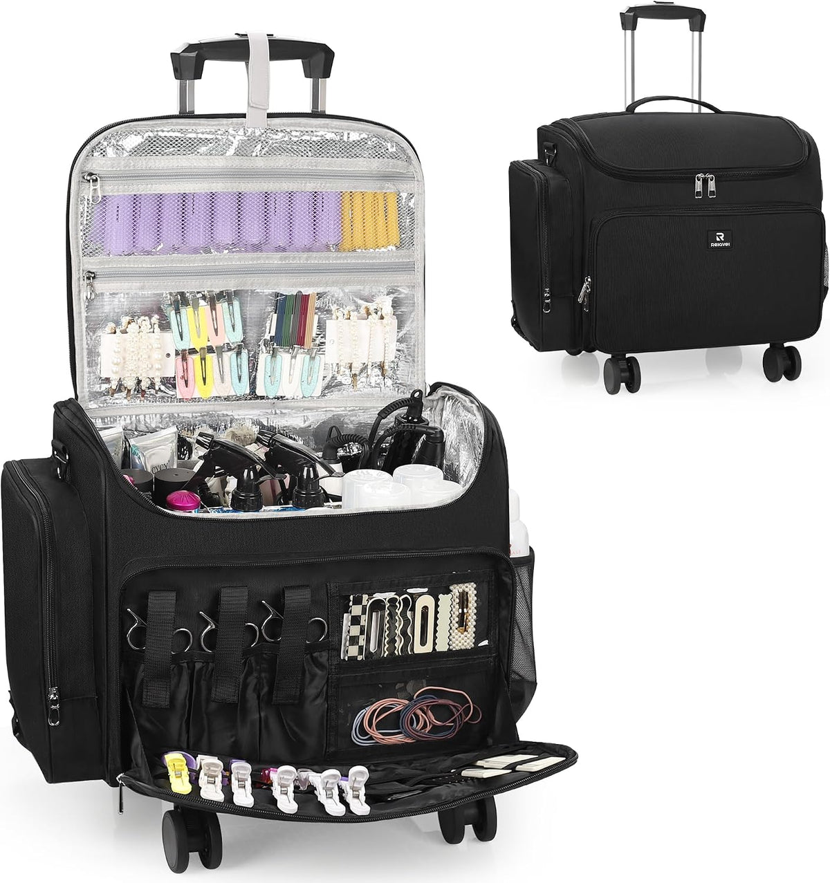 Relavel Rolling Horizontal  Hair Tools Travel Makeup Case With a Removable, Foldable Pull Rod and 4 Removable 360° Spinner Wheels