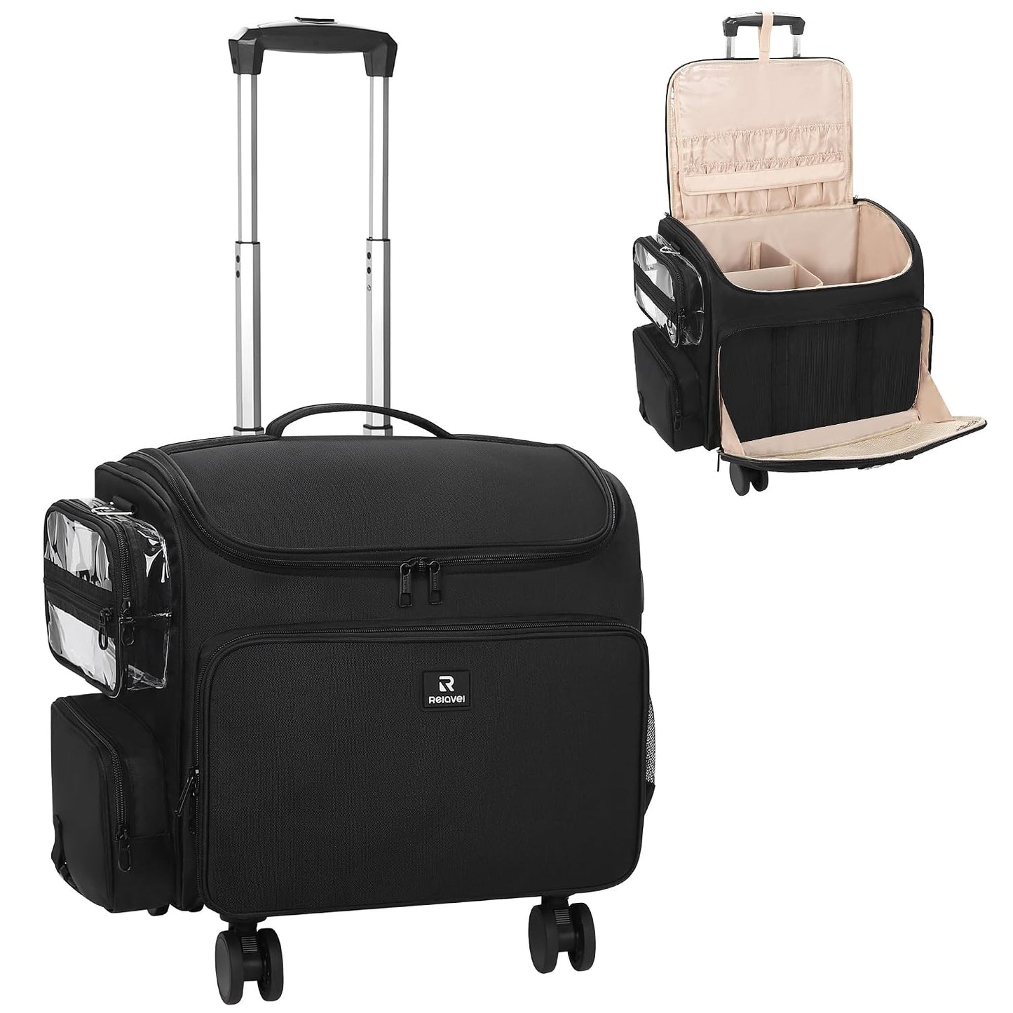 Relavel Rolling Horizontal Makeup Case With a Removable, Foldable Pull Rod and 4 Removable 360° Spinner Wheels
