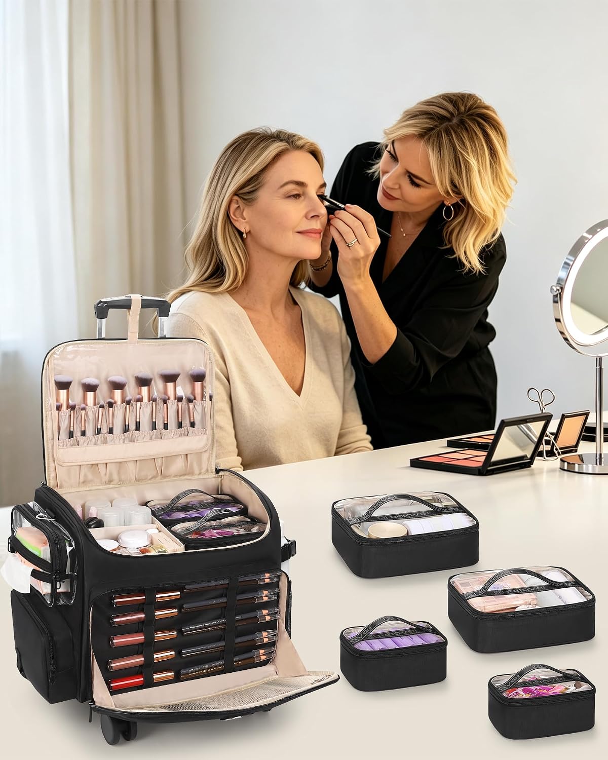 Relavel Rolling Horizontal Makeup Case With a Removable, Foldable Pull Rod and 4 Removable 360° Spinner Wheels