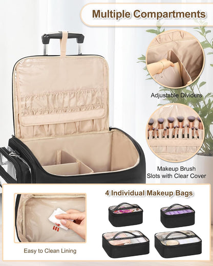 Relavel Rolling Horizontal Makeup Case With a Removable, Foldable Pull Rod and 4 Removable 360° Spinner Wheels