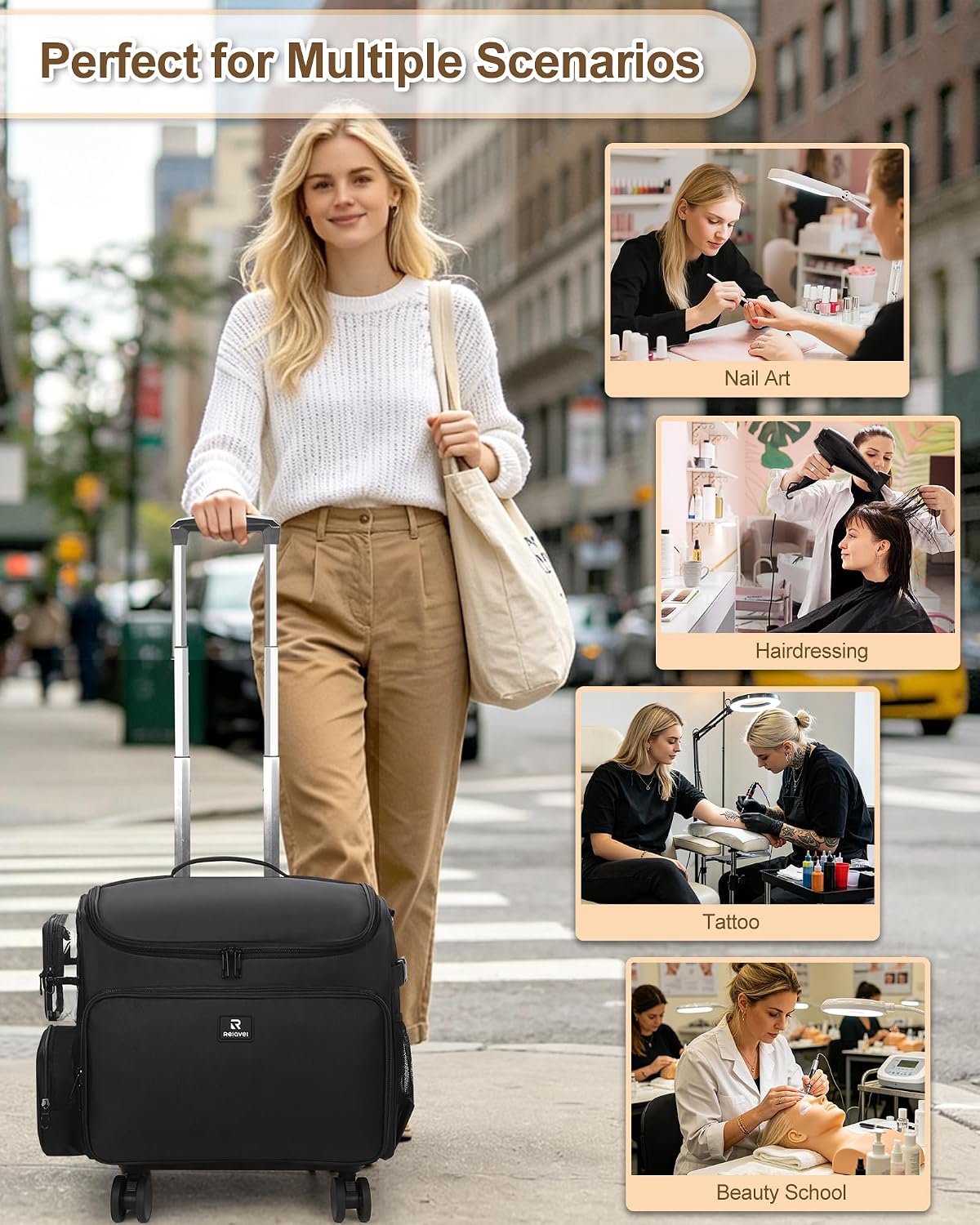 Relavel Rolling Horizontal Makeup Case With a Removable, Foldable Pull Rod and 4 Removable 360° Spinner Wheels