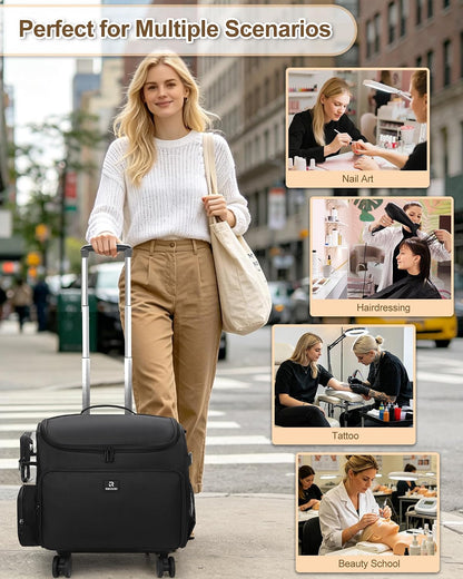 Relavel Rolling Horizontal Makeup Case With a Removable, Foldable Pull Rod and 4 Removable 360° Spinner Wheels