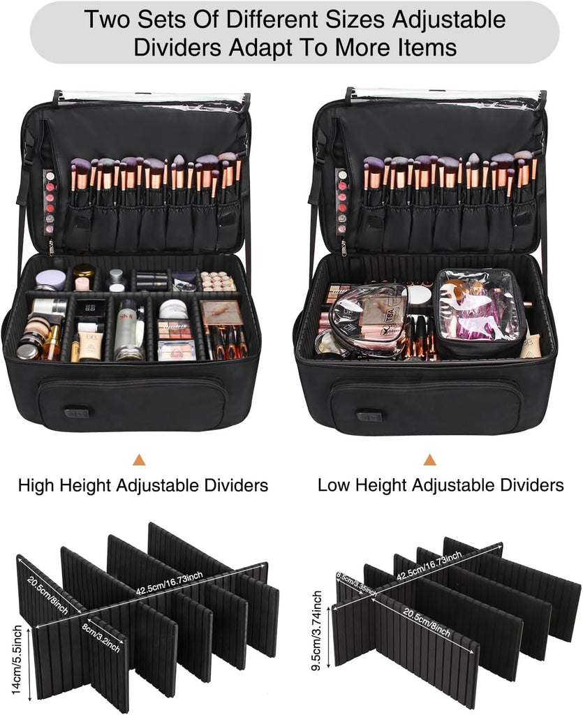 relavel Black Small Makeup Case with Plastic Adjustable Dividers