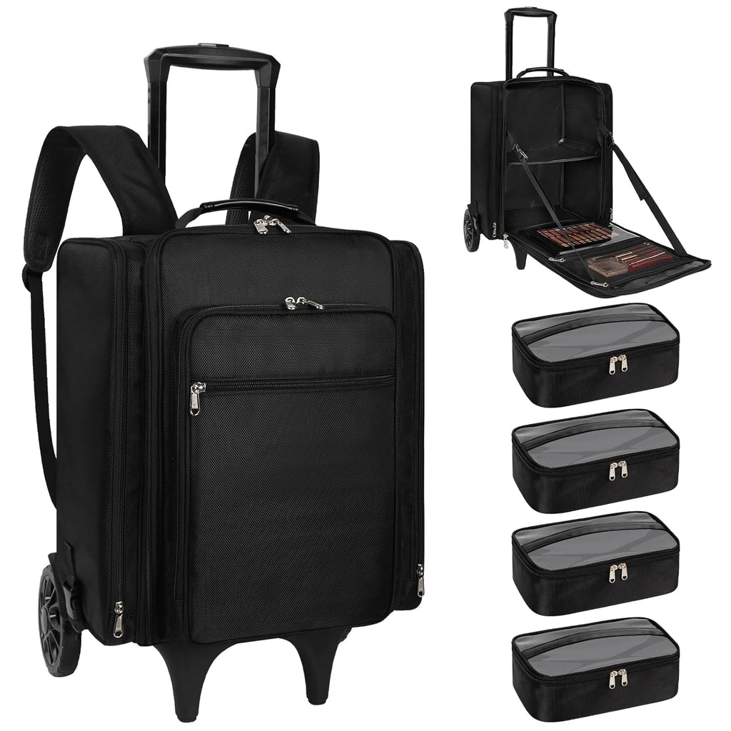 Relavel Rolling Makeup Case, Professional Travel Makeup Train Case, Extra Large Makeup Backpack Trolley Cosmetic Case Storage Organizer for Makeup Artist, with 4 Removable Makeup Bags