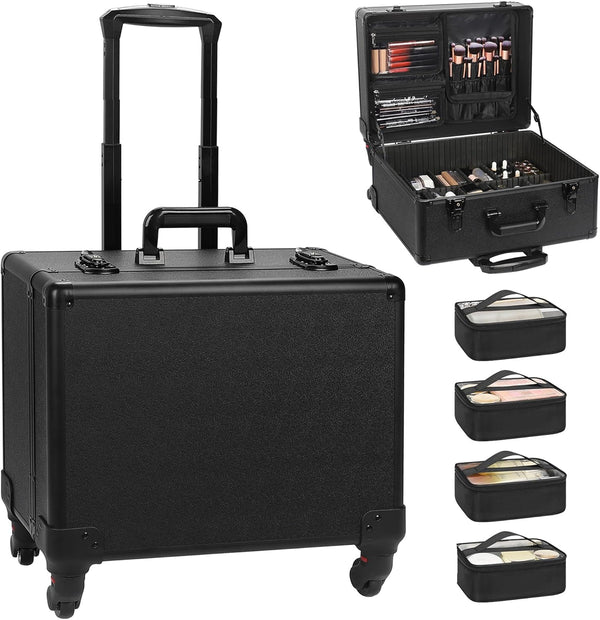 Available for sale in the United States only.Relavel Rolling Makeup Case with 6 Clear Bags and 4 detachable 360° Spinner Wheels