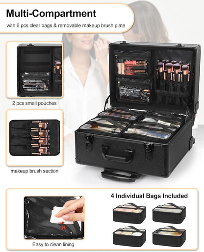 Available for sale in the United States only.Relavel Rolling Makeup Case with 6 Clear Bags and 4 detachable 360° Spinner Wheels