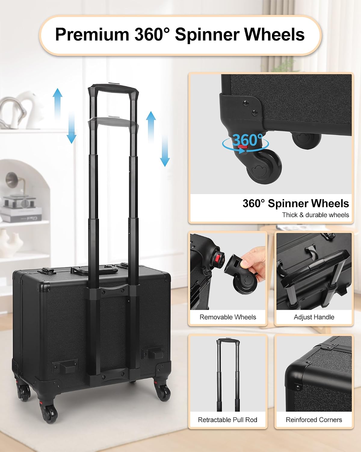 Relavel Rolling Makeup Case with 6 Clear Bags and 4 detachable 360° Spinner Wheels