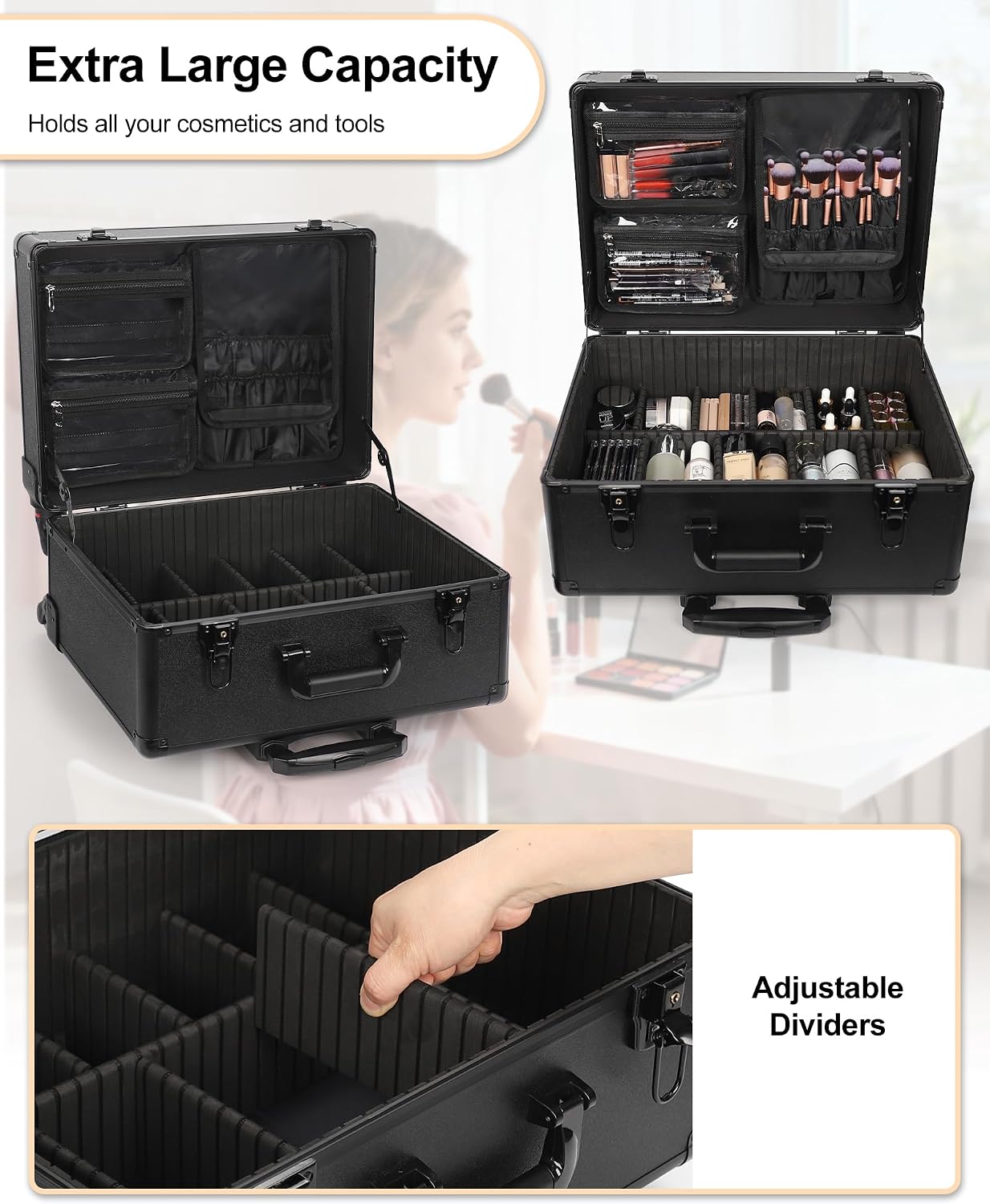 Relavel Rolling Makeup Case with 6 Clear Bags and 4 detachable 360° Spinner Wheels