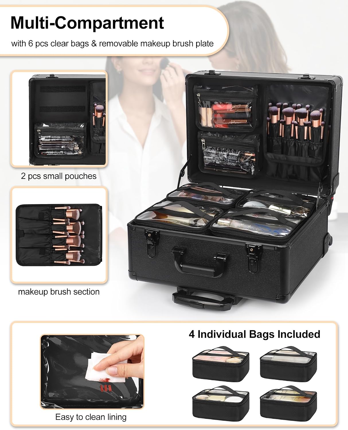 Relavel Rolling Makeup Case with 6 Clear Bags and 4 detachable 360° Spinner Wheels