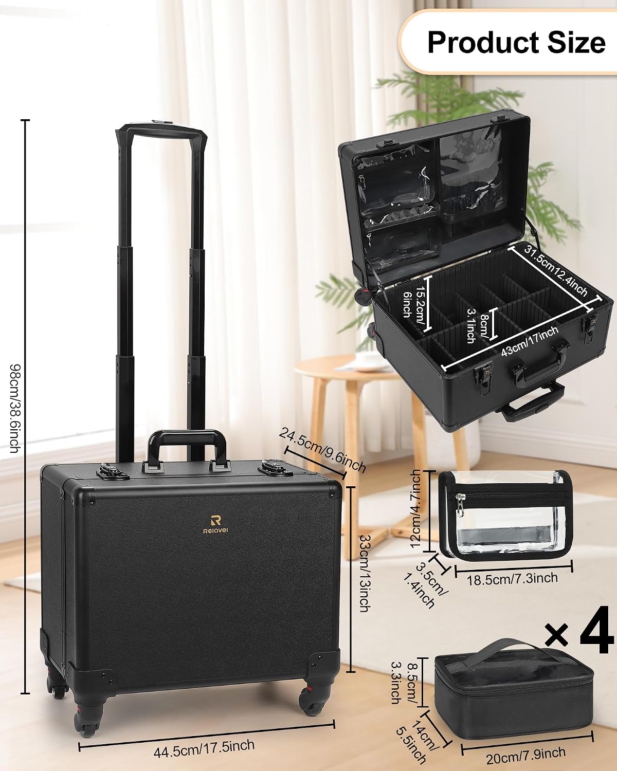 Relavel Rolling Makeup Case with 6 Clear Bags and 4 detachable 360° Spinner Wheels