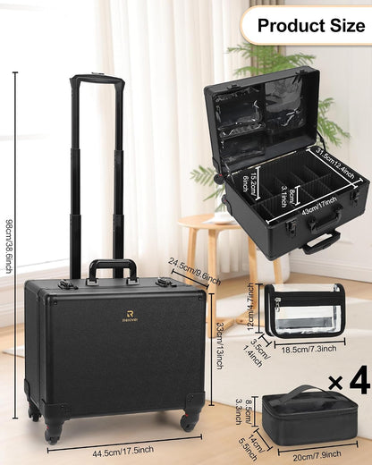 Relavel Rolling Makeup Case with 6 Clear Bags and 4 detachable 360° Spinner Wheels