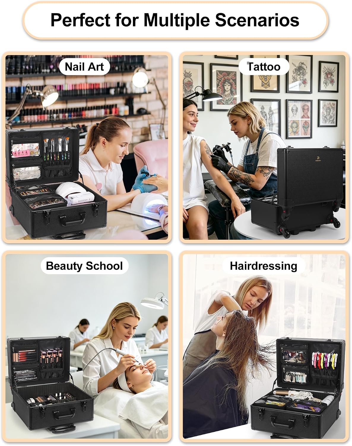 Relavel Rolling Makeup Case with 6 Clear Bags and 4 detachable 360° Spinner Wheels