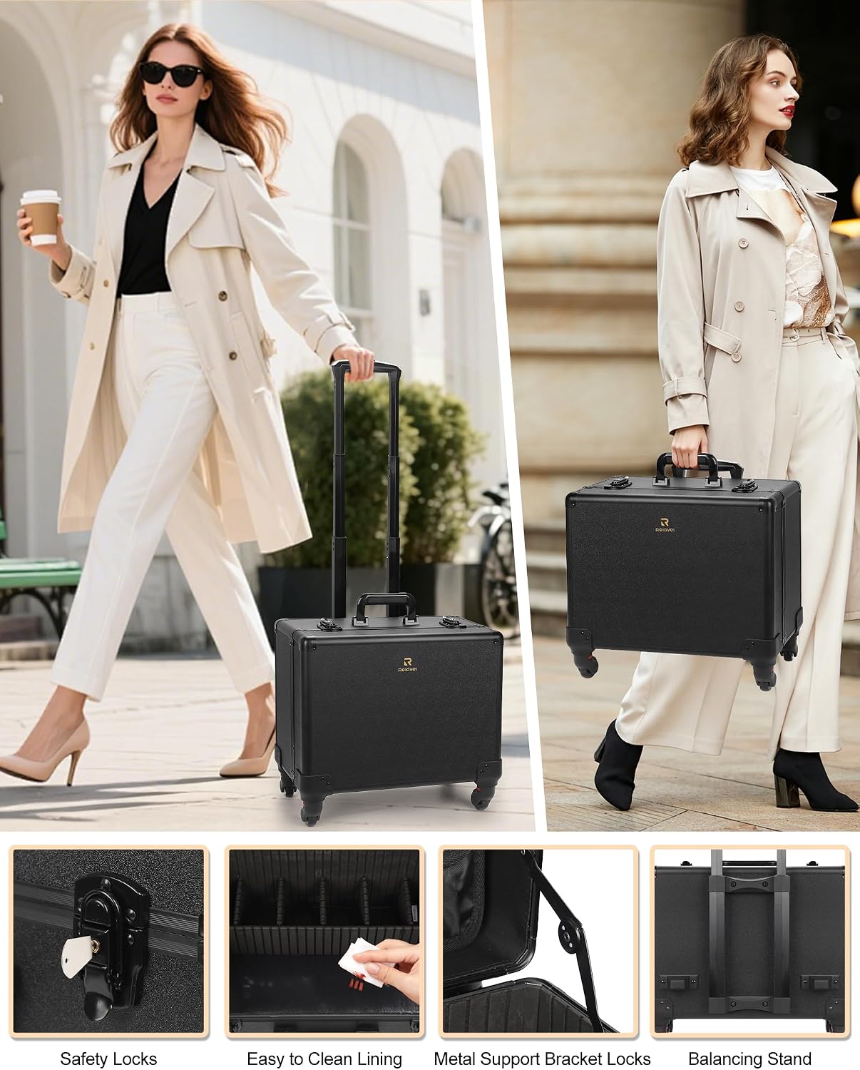 Relavel Rolling Makeup Case with 6 Clear Bags and 4 detachable 360° Spinner Wheels