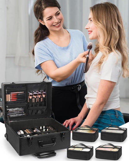Relavel Rolling Makeup Case with 6 Clear Bags and 4 detachable 360° Spinner Wheels
