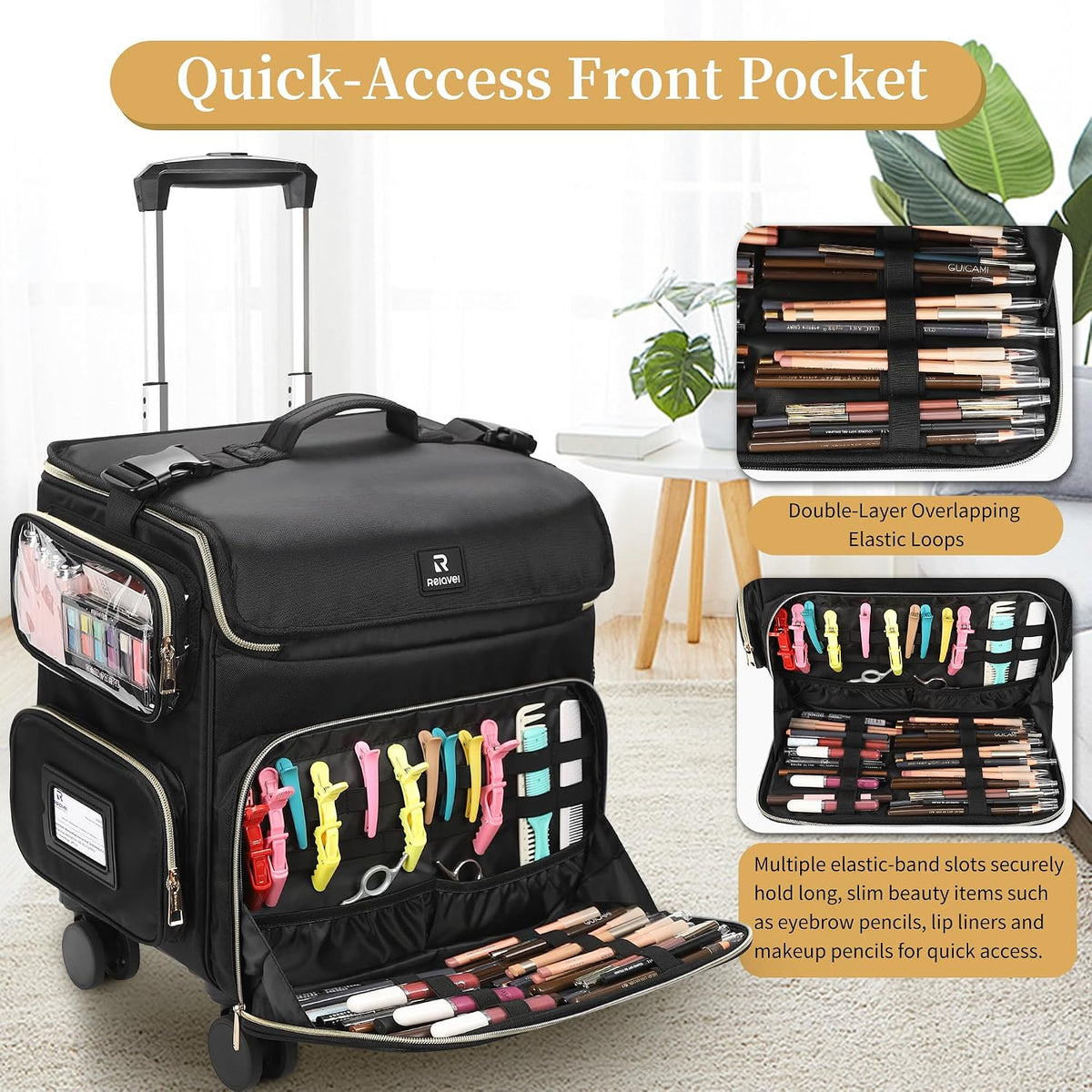 Relavel Rolling Makeup Train Case with 7pcs Traveling Bags and 4 Removable 360° Spinner Wheels