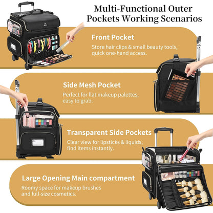 Relavel Rolling Makeup Train Case with 7pcs Traveling Bags and 4 Removable 360° Spinner Wheels