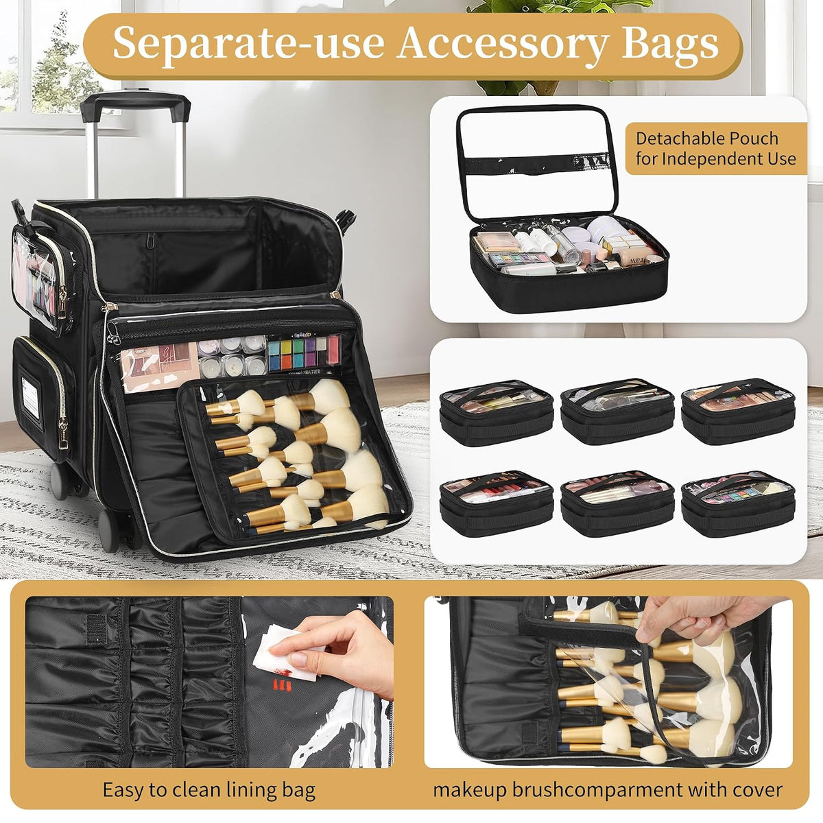 Relavel Rolling Makeup Train Case with 7pcs Traveling Bags and 4 Removable 360° Spinner Wheels