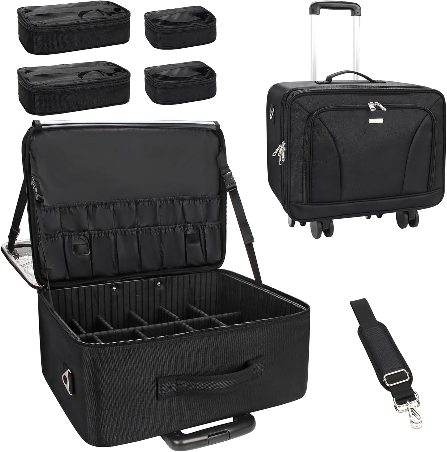 Rolling Extra Large 3-Layer Makeup Train Case With 4 360° Spinner Wheels, Adjustable Dividers
