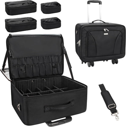 Rolling Extra Large 3-Layer Makeup Train Case With 4 360° Spinner Wheels, Adjustable Dividers