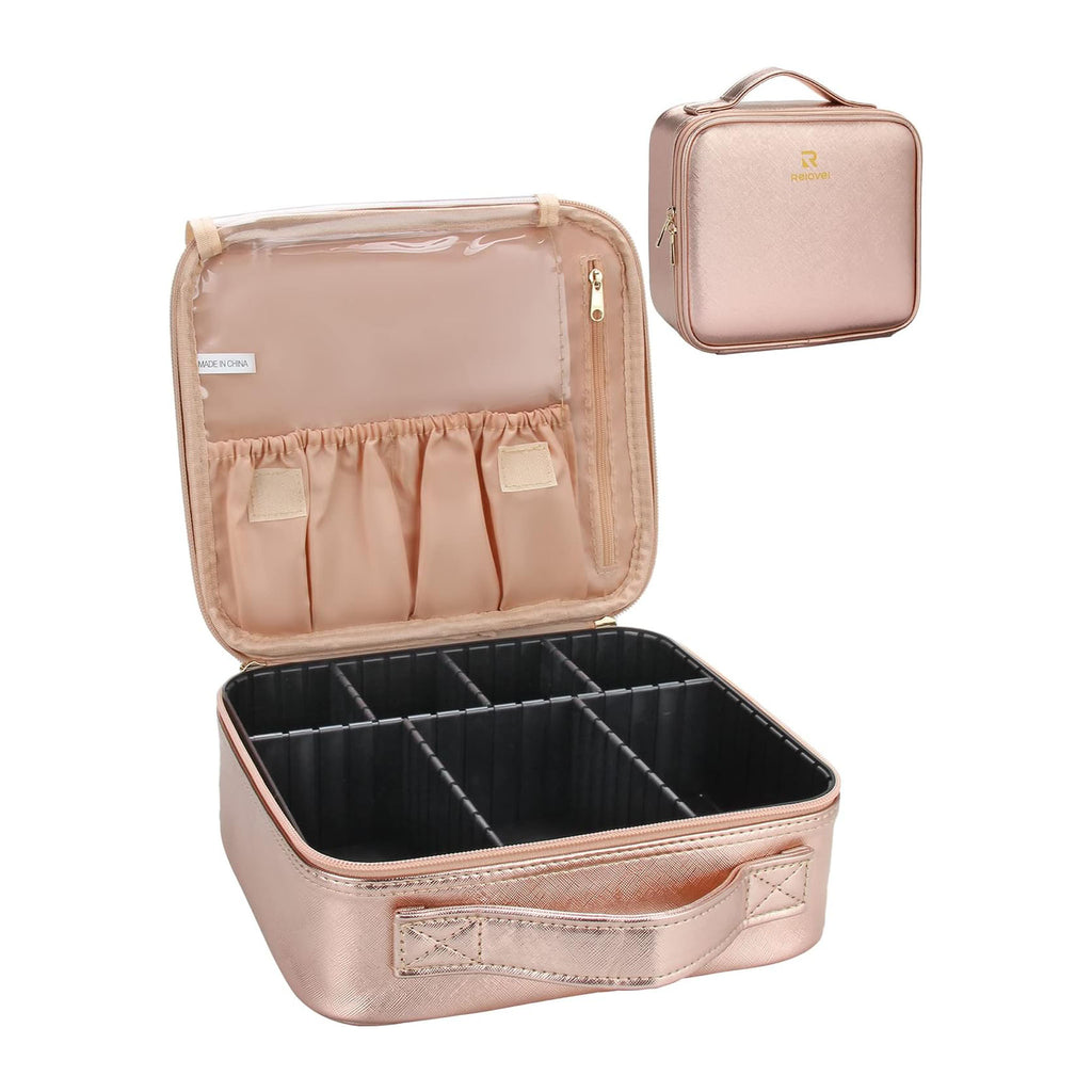 Relavel Makeup Train Cases, Professional Travel Makeup Bag, Portable Organizer Storage Bag for Cosmetics Makeup Brushes Toiletry Travel Accessories PU Leather （Rose Gold）