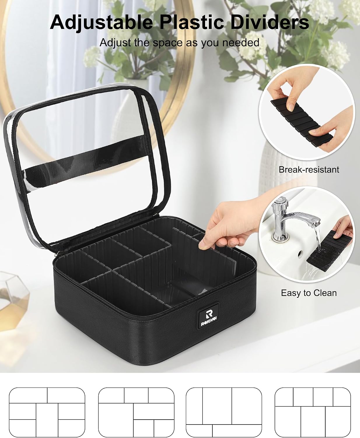 Relavel Small Makeup Case with Plastic Dividers and Clear Lid