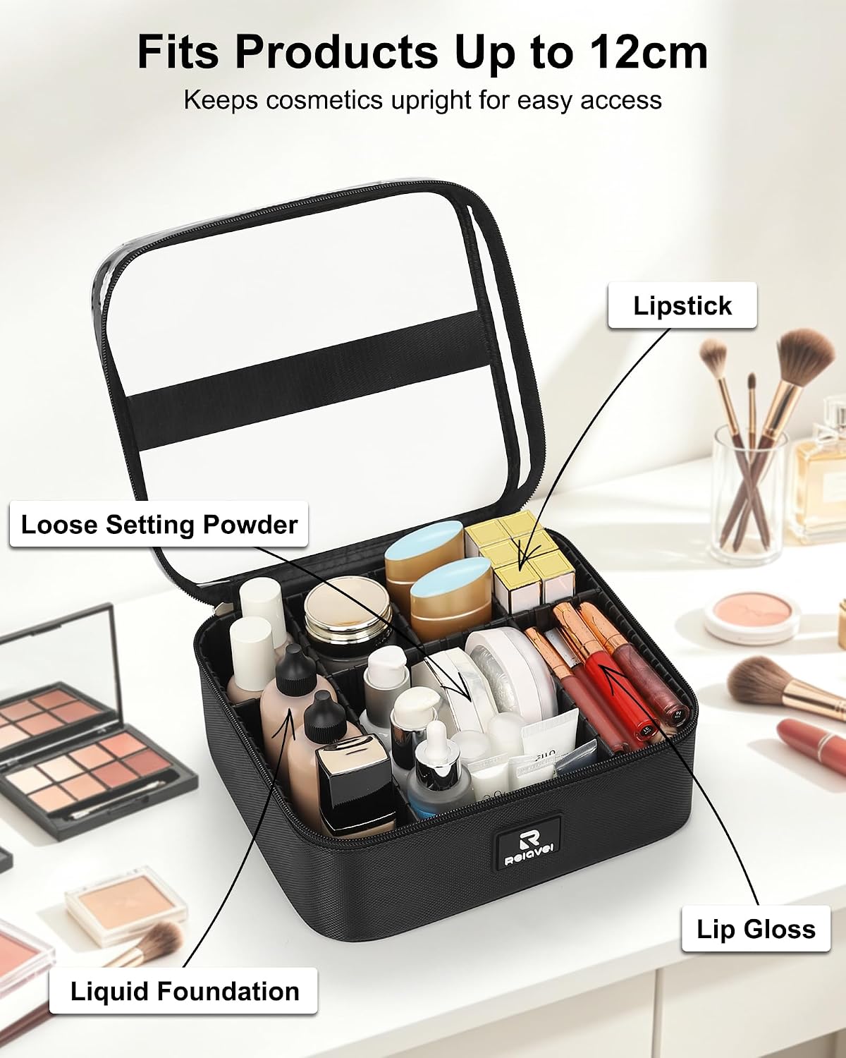 Relavel Small Makeup Case with Plastic Dividers and Clear Lid