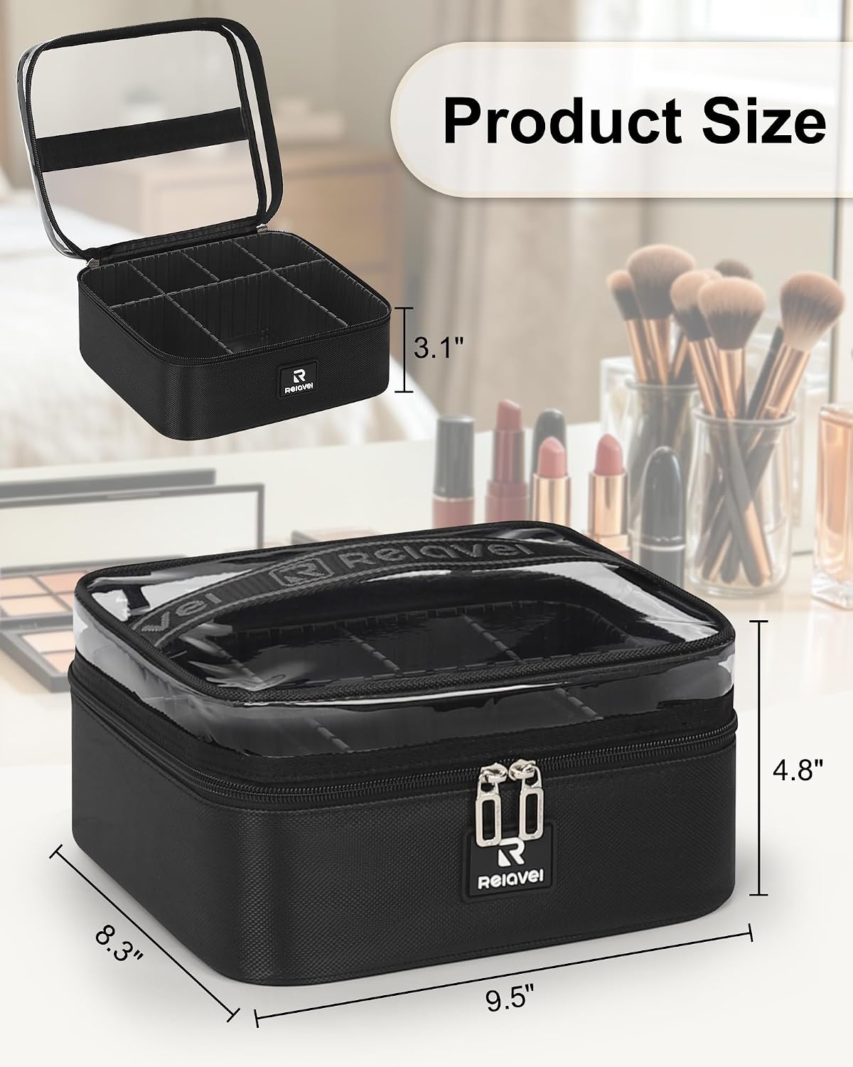 Relavel Small Makeup Case with Plastic Dividers and Clear Lid