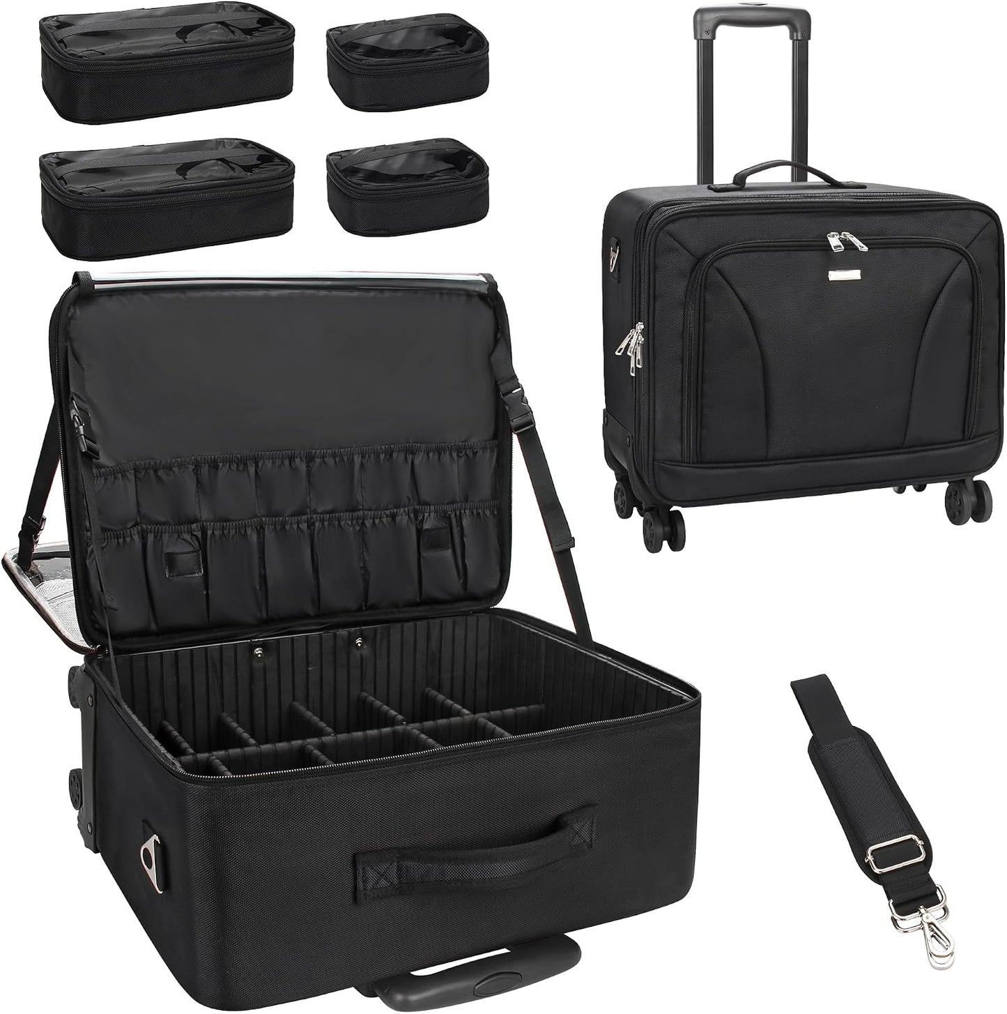 Rolling Extra Large 3-Layer Makeup Train Case With 4 360° Spinner Wheels, Adjustable Dividers