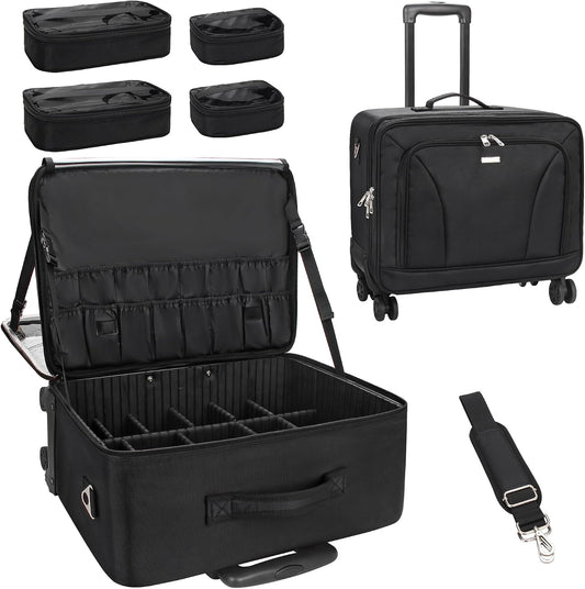 Rolling Extra Large 3-Layer Makeup Train Case With 4 360° Spinner Wheels, Adjustable Dividers