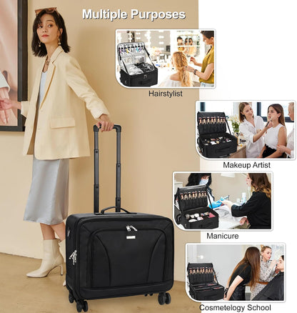Rolling Extra Large 3-Layer Makeup Train Case With 4 360° Spinner Wheels, Adjustable Dividers
