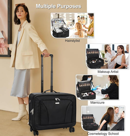 Rolling Extra Large 3-Layer Makeup Train Case With 4 360° Spinner Wheels, Adjustable Dividers