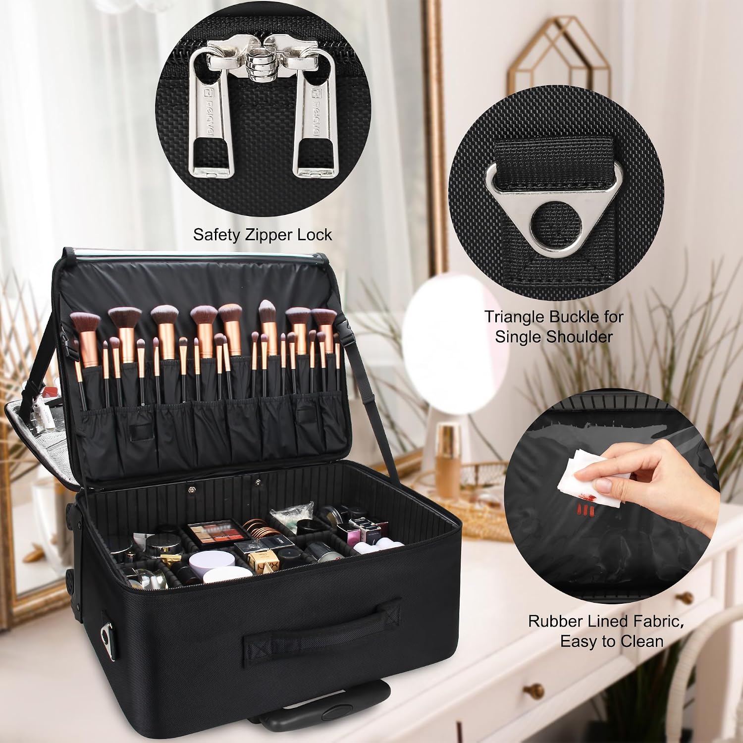 Rolling Extra Large 3-Layer Makeup Train Case With Adjustable Divider (PU Leather Black)