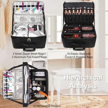 Rolling Extra Large 3-Layer Makeup Train Case With 4 360° Spinner Wheels, Adjustable Dividers