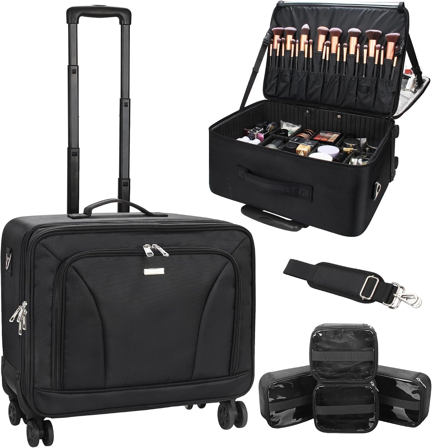 Rolling Extra Large 3-Layer Makeup Train Case With 4 360° Spinner Wheels, Adjustable Dividers