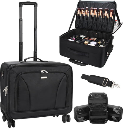 Rolling Extra Large 3-Layer Makeup Train Case With 4 360° Spinner Wheels, Adjustable Dividers